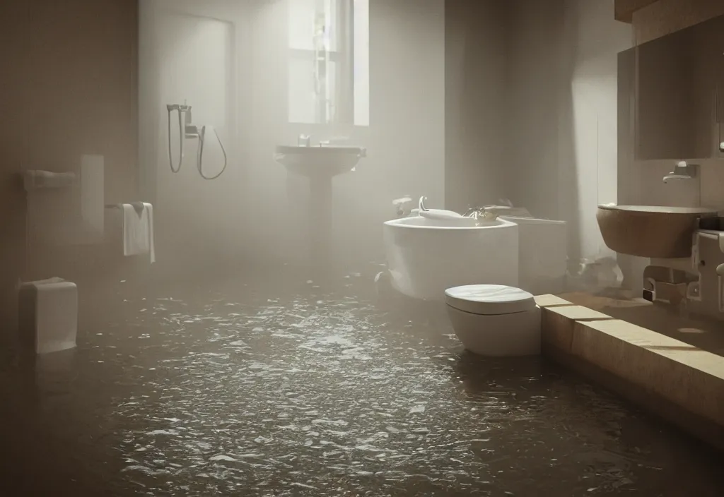 Prompt: kodak portra 4 0 0 photographic and realistic, interior of a bathroom, detailed, octane render, unreal engine, 4 k, artstation, hyper realistic, wide angle, floor flooded, how a river, objects that float, 3 5 mm, sharp focus, soft light, volumetric light fog, in the style of gregory crewdson