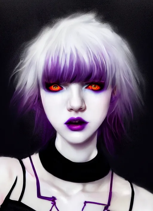 Image similar to portrait of white teenage girl, normal face, white bangs, mall goth, cyberlox, black and white hair, bangs, fluffy bangs, red contact lenses, purple lipstick, intricate, elegant, highly detailed, digital painting, artstation, concept art, sharp focus, smooth, illustration, art by wlop, mars ravelo and greg rutkowski