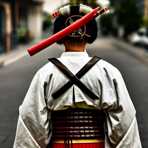 Prompt: traditional samurai in a modern city, photograph, dslr, hi - res