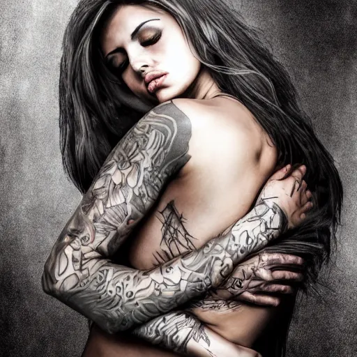 Image similar to Hot young woman, grey skin, tattoos, wearing leather and hugging a shrouded figure digital art