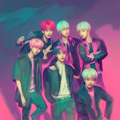 Prompt: “ a portrait of bts band, rainy background, pink bright art masterpiece artstation. 8 k, sharp high quality artwork in style of jose daniel cabrera pena and greg rutkowski, concept art by tooth wu, hearthstone card game artwork. ”