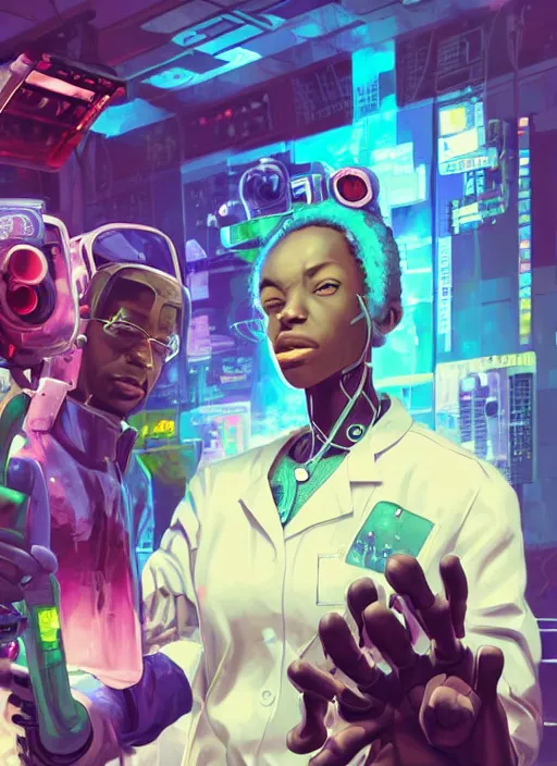 Image similar to afro - cyberpunk scientists in lab coats, cybernetic limbs and holograms, hacking the metaverse | hyperrealistic oil painting | by makoto shinkai, ilya kuvshinov, lois van baarle, rossdraws, basquiat | afrofuturism, in the style of hearthstone, trending on artstation | dark color scheme