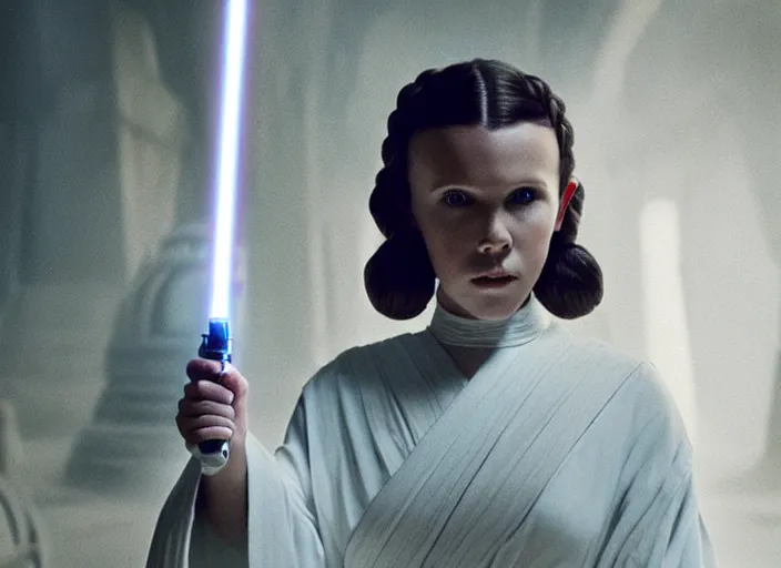 Prompt: film still of millie bobby brown as princess leia in star wars movie, long braided hair pulled back, wearing long white robe in a sith temple, deep focus, glamour pose, dramatic lighting, octane, mist, steve mccurry, volumetric lighting, 8 k