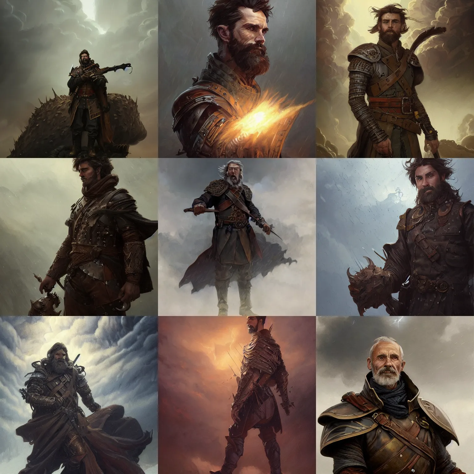 Prompt: portrait of a ruggedly handsome wizard soldier with short brown hair and stubble wearing leather armor summoning a storm cloud, half body, fantasy, highly detailed, digital painting, artstation, concept art, character art, art by greg rutkowski and tyler jacobson and alphonse mucha