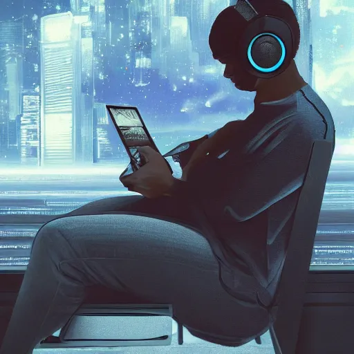 Image similar to long shot of male wearing headphones sitting in space, calm, soothing, relaxed, cosy, quiet, elegant, digital painting, realism, cyberpunk art, acrylic on canvas,