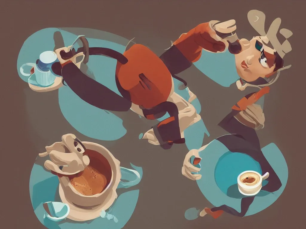 Image similar to the best way to drink your coffee, by pixar, serene illustration, fresh colors, trending on artstation