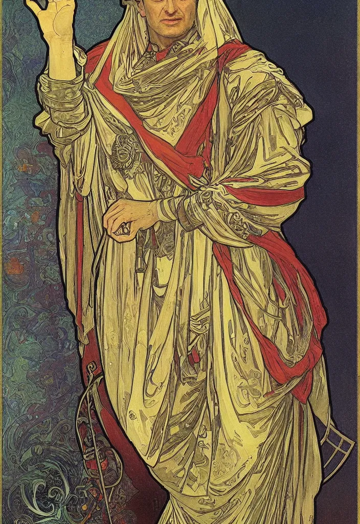 Prompt: geoffrey hinton as the emperor on a tarot card, tarot in art style by alphonse mucha