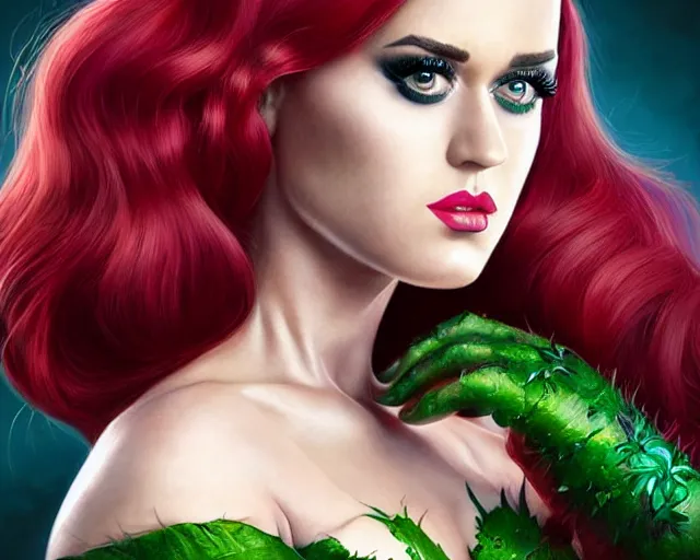 Prompt: hyper - realistic digital art, katy perry as a poison ivy, intense fan art, perfectly detailed, perfect human figure, comic book cover art, sharp, smooth, ultra fine detail, art by artgerm, wlop, rutkowski