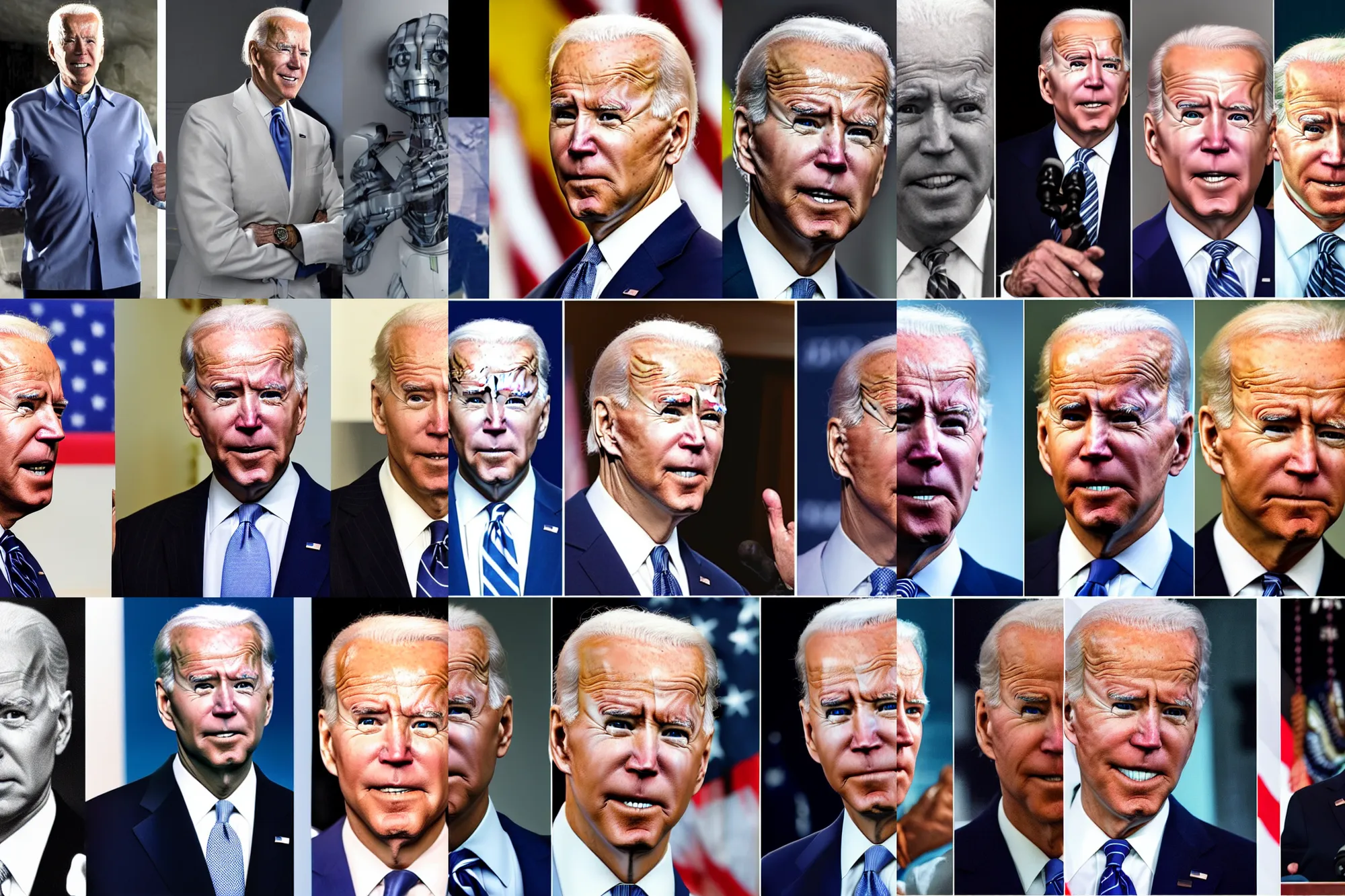 Prompt: biden before and after cybernetic enhancement, joseph biden in 2 0 2 0 vs in 2 0 4 0, posthuman potus, cybercore, industrial photography, still from a ridley scott movie