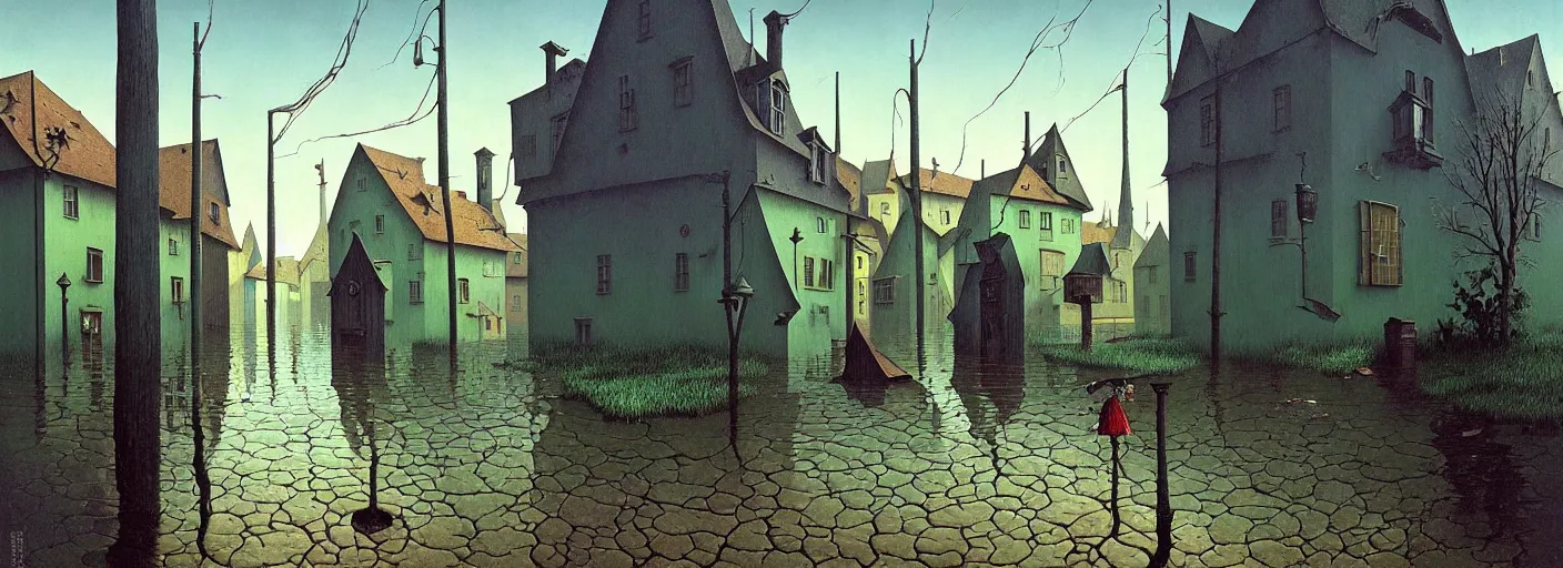 Image similar to flooded! old dark scary wooden empty cursed town street entrance, very coherent and colorful high contrast masterpiece by gediminas pranckevicius rene magritte norman rockwell franz sedlacek, full - length view, dark shadows, sunny day, hard lighting, reference sheet white background