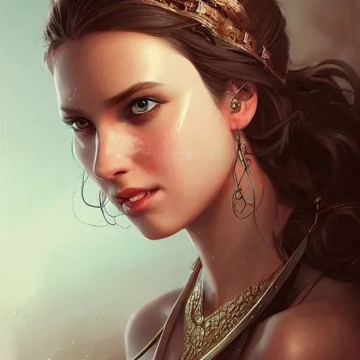 Image similar to portrait of a confident goddess, in modern era, upper body, D&D, intricate, cinematic lighting, highly detailed, digital painting, artstation, concept art, smooth, sharp focus, illustration, art by Artgerm and Greg Rutkowski