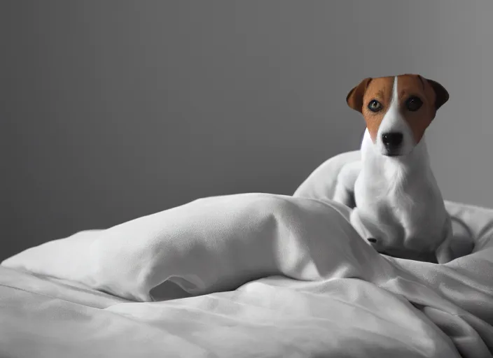 Image similar to photography of a Jack Russel . watching outside the window. on a bed. in a white room. octane render,volumetric light, volumetric fog, photorealistic,, award winning photo, 100mm, sharp, cloth, high res