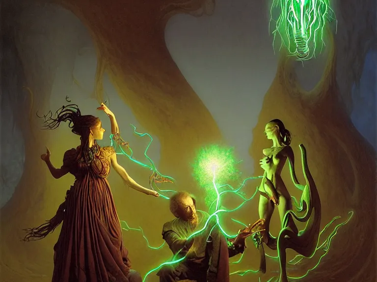 Prompt: the female arcanist and the male artificer by zacharias aagaard and albert bierstadt and gerald brom and zdzisław beksinski and james gilleard and wayne barlowe and marc simonetti, highly detailed, hyperrealistic, intricate, floating metallic objects, energy, electricity, blue flames, low light, glowing green crystals, high contrast