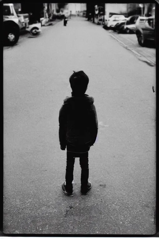 Image similar to photo polaroid of sad and lonely child in the middle of the street, looks towards a funfair, loneliness, black and white ,photorealistic, 35mm film,high detailed