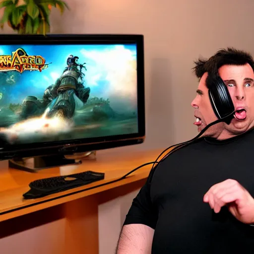 Image similar to obese John Travolta wearing a headset yelling at his monitor while playing WoW highly detailed wide angle lens 10:9 aspect ration award winning photography