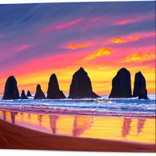 Image similar to cannon beach realistic painting at sunset