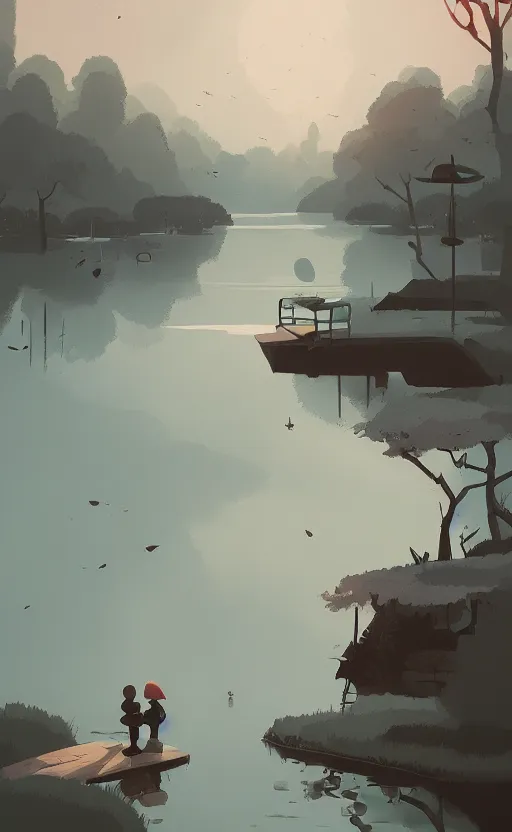 Image similar to a cute pond scenic cinematic environment by Atey Ghailan