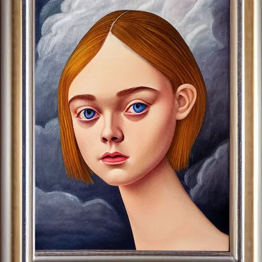 Image similar to professional painting of Elle Fanning in the style of George Tooker, head and shoulders portrait, symmetrical facial features, smooth, sharp focus, illustration, intricate, stormy weather, extremely detailed masterpiece,