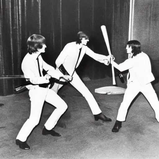 Prompt: the beatles whacking each other with baseball bats during let it be sessions