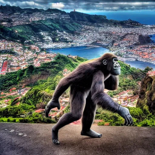 Image similar to king kong walking over madeira island in funchal city, trampled, cinematic shot, realistic, hdr, color, wide shot, gigantic