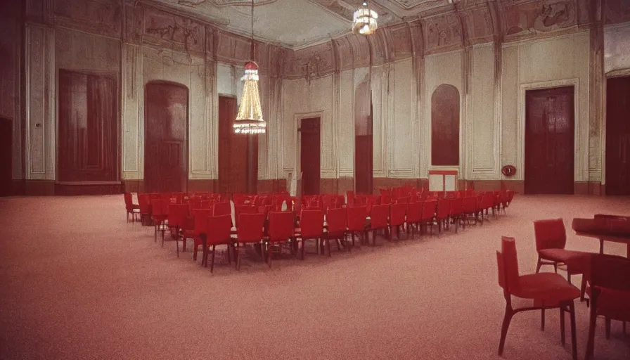 Image similar to 60s movie still of a sovietic stalinist style empty Palace with one unique chair, cinestill 800t 50mm eastmancolor, liminal Space style, heavy grain-s 150