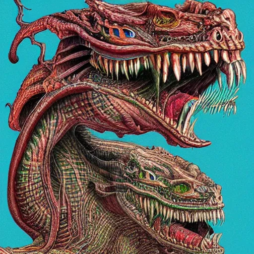 Image similar to half Basilisk half Cerberus drooling hungrily, style of Codex Seraphinianus, troubling, unsettling, pixel sorting style. Highly detailed, cinematic, dramatic