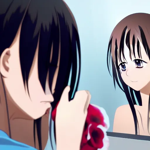 Image similar to an anime girl looking at her reflection in a mirror