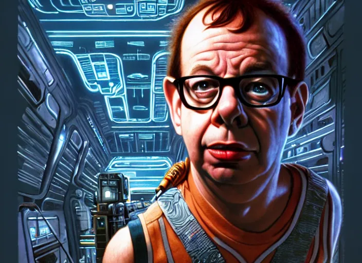 Image similar to rick moranis in the fifth element, far future, highly detailed, trending on artstation, intricate, cinematic composition, by rutkowski