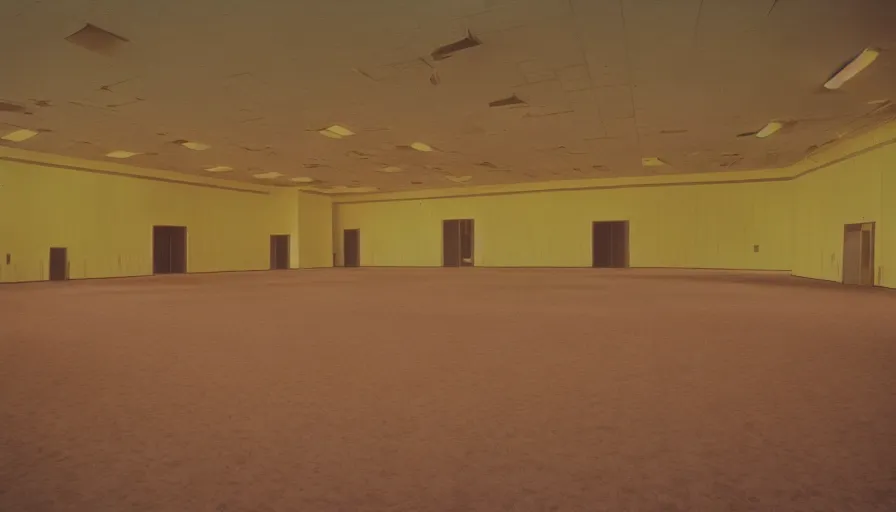 Prompt: 70s movie still of a high ceiling empty ballroom , cinestill 800t Technicolor, heavy grain, high quality, criterion collection, liminal space style