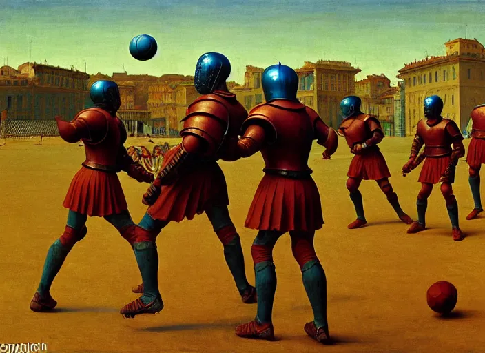 Image similar to knights in armor playing soccer, rome, highly detailed, soft lighting, elegant, works by edward hopper and james gillard, zdislaw beksinski, stephen outram, andreas m wiese, highly detailed