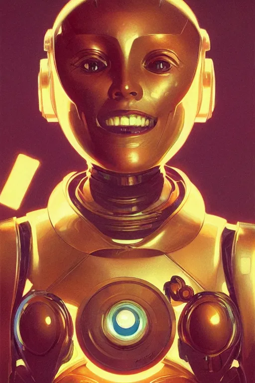 Prompt: a close-up portrait of a cute smiling robot mother, three quarter view, dramatic backlighting, golden hour, autochrome, high contrast, highly detailed, sharp focus, digital painting, concept art, illustration, trending on artstation, art by greg rutkowski and greg hildebrandt, composition by alphonse mucha