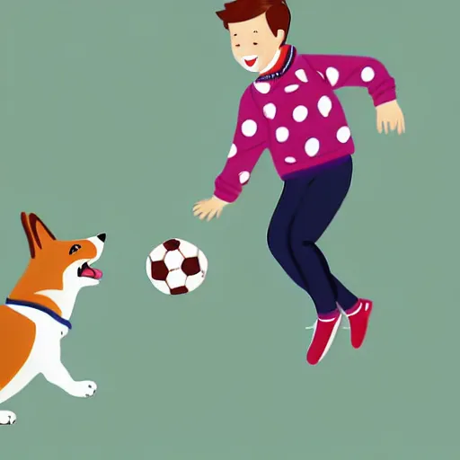 Image similar to illustration of boy playing football with a corgi wearing a polkadot scarf on the streets of paris