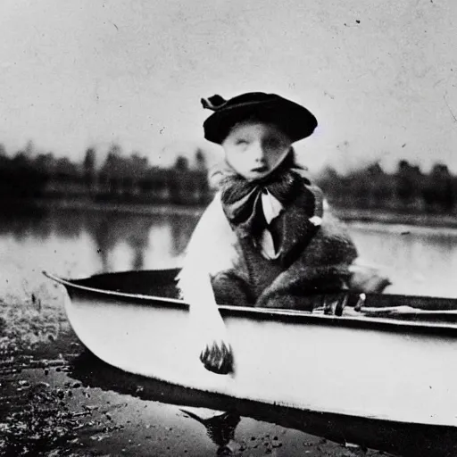Image similar to a victorian photograph of a white rabbit on a rowboat