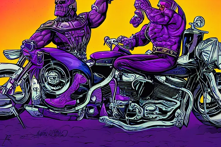 Image similar to Thanos riding a Harley Davidson by Dan Mumford