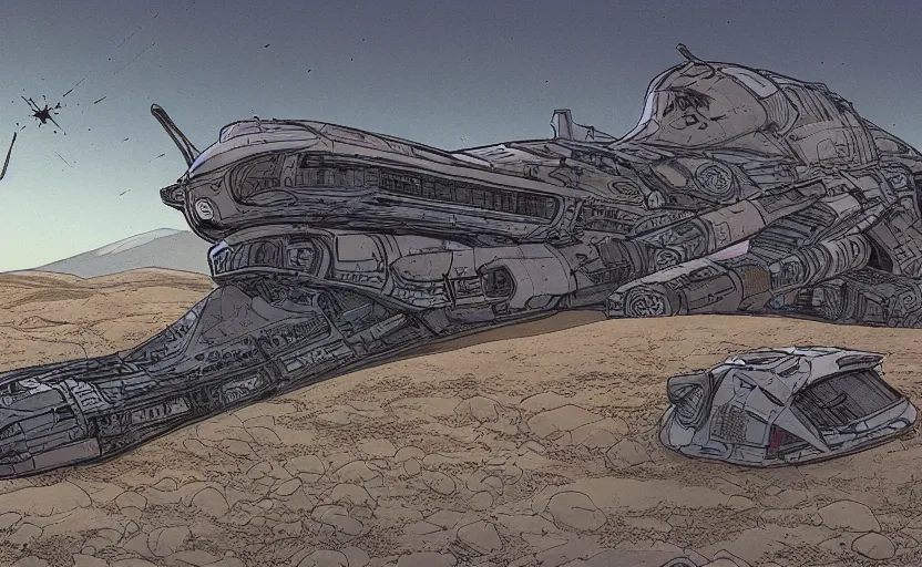 Prompt: very detailed, prophet graphic novel, simon roy, illustration of a giant crashed space ship on a desert planet, wide shot