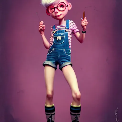 Image similar to full body pose, pixar, beautiful androgynous girl, pink pixie cut hair, torn overalls, short shorts, combat boots, fishnets, beautiful, highly detailed face, true anatomy!, extremely detailed!, digital painting, unreal engine 5, art by tom bagshaw