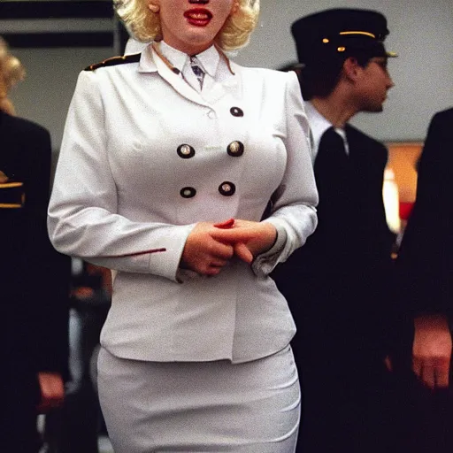 Prompt: a cheap point and shoot camera photography of marilyn monroe as a flight attendent in 1998