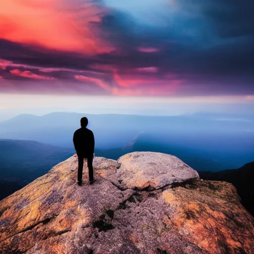 Image similar to A man stands on a mountaintop, looking into the horizon, magical, impressive, infinity, sunset light, Atmospheric phenomenon, artistic photography, muted colors, conceptual