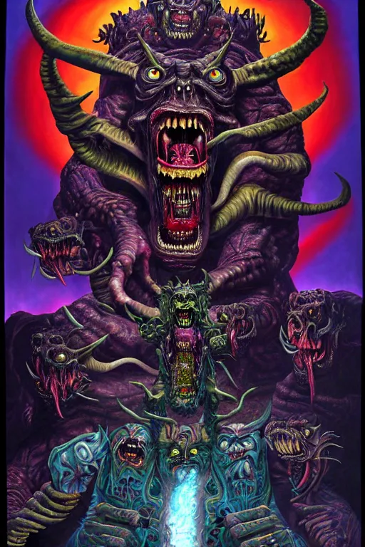 Image similar to a hyperrealistic painting of an epic boss fight against an ornate supreme dark overlord, cinematic horror by chris cunningham, lisa frank, richard corben, highly detailed, vivid color,