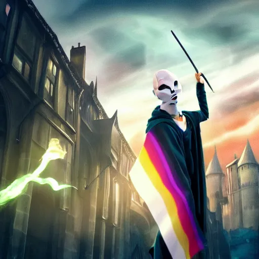Image similar to ! dream harry potter with voldemort, pride flag in background, full picture