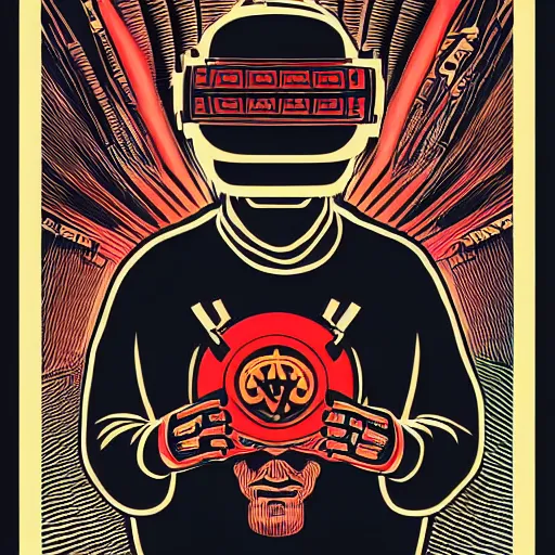 Image similar to Illustrated by Shepard Fairey and H.R. Geiger | Cyberpunk Samurai with VR helmet, surrounded by cables