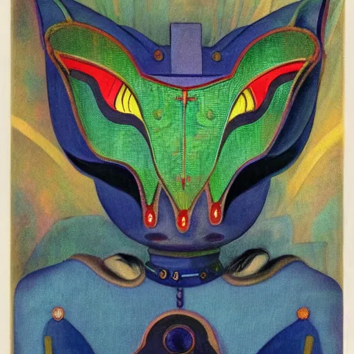 Image similar to robot wearing a luna moth mask, by annie swynnerton and leo and diane dillon and adolf wolfli and ( diego rivera ), elaborate costume, little glowing lights, rich color, dramatic cinematic lighting, smooth, sharp focus, extremely detailed
