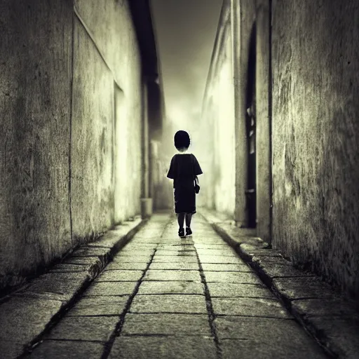 Prompt: A small child walking alone in a dark alley, scary atmosphere,gloomy lighting, digital art , highly detailed , high contrast, beautiful lighting, award winning , trending on art station, 8k, photo realistic