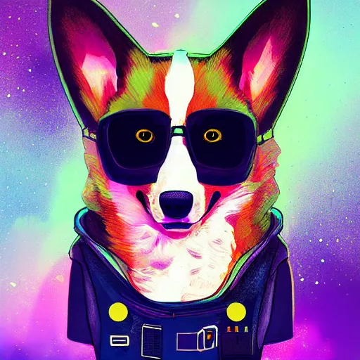 Image similar to a corgi android in space, cyberpunk, detailed digital illustration