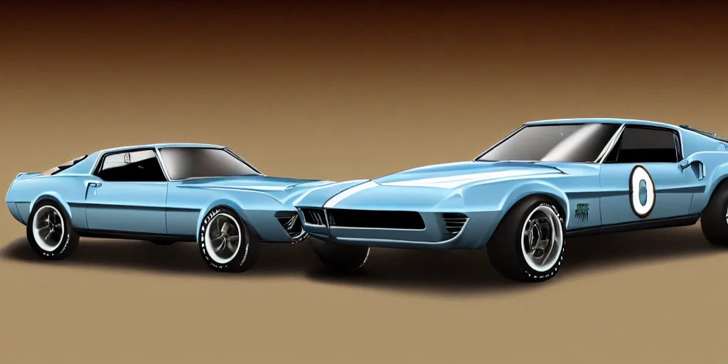 Prompt: hybrid design of Ford Mustang GT 1970 and Corvette C2 1969. No background, concept art style.