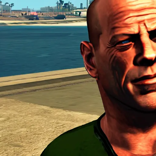 Prompt: bruce willis as a character in gta san Andres