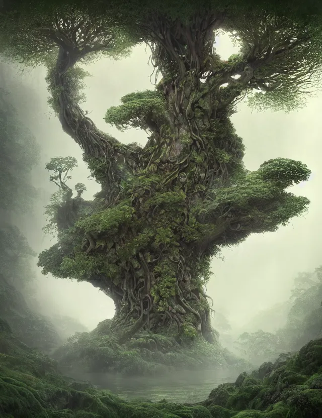 Prompt: a beautiful old tree with glowing lights in the branches with winding buttressed roots rising above a cairn covered in miss in the mist with sparkling streams and rivulets of water running down into an underground lake by james jean by roger dean, at dawn, volumetric light, spiritual light, houdini particles, trending on artstation