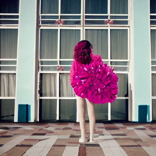 Image similar to giant flower head, full body, girl standing in mid century hotel, surreal, symmetry, bright colors, blue sky, cinematic, wes anderson