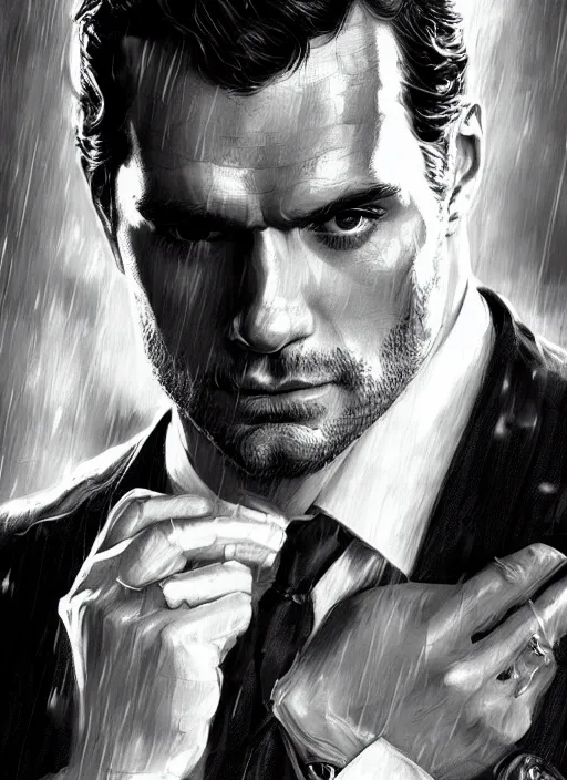 Image similar to portrait of henry cavill as james bond, casino, rain, key art, highly detailed, digital painting, artstation, concept art, cinematic lighting, sharp focus, illustration, art by artgerm and greg rutkowski and alphonse mucha