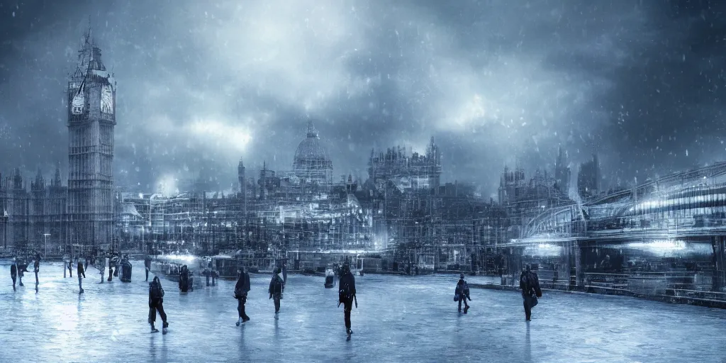 Image similar to london in winter ， prometheus film style, realistic, cinematic, trending on artstation, 8 k,